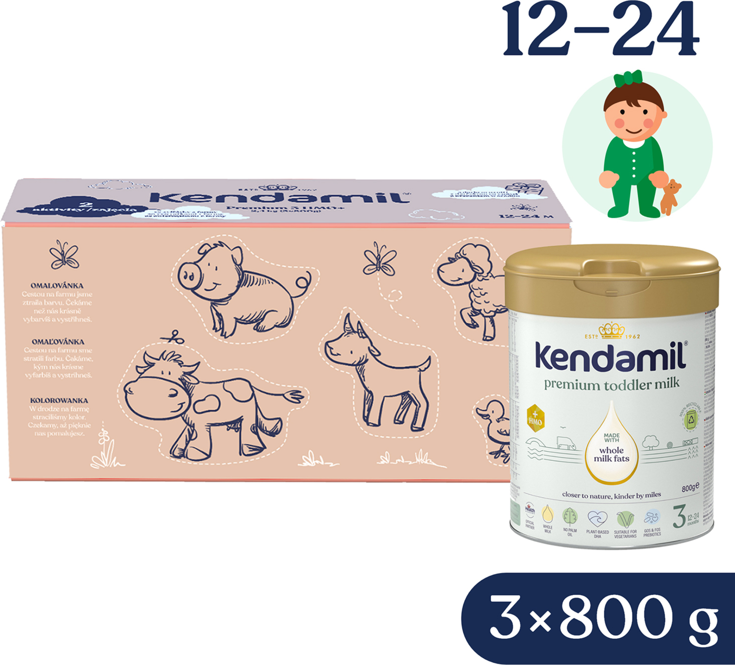 Kendamil Premium 3 HMO+, 2,4 kg (3× 800 g), kreativní balení s dárkem