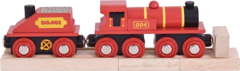 Bigjigs Rail Červená lokomotiva s tendrem + 3 koleje