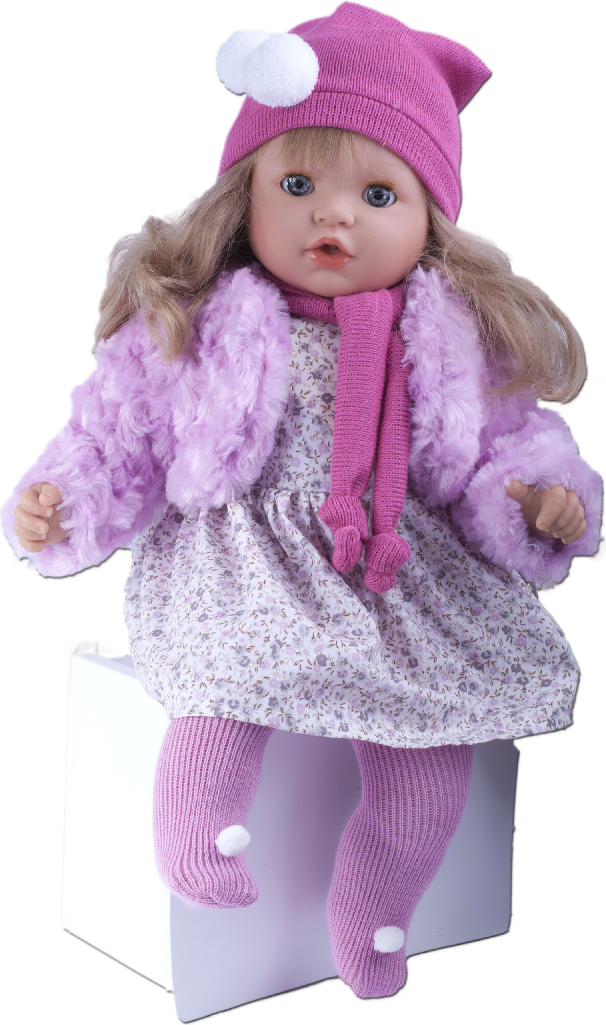 TYBER Paula blondýna v růžovém plačící panenka s dudlíkem, vel. S 48 cm