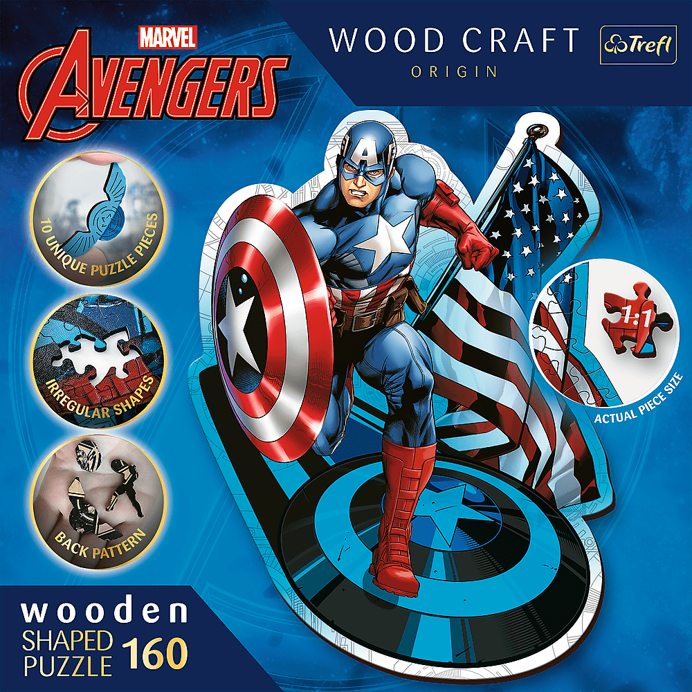 Trefl Dřevěné puzzle 160 dílků - Nebojácný Kapitán America / Disney Marvel Heroes