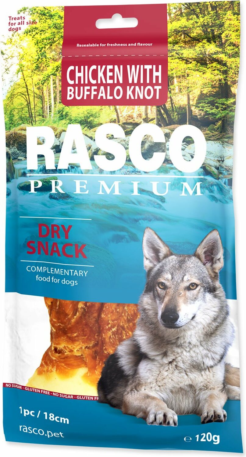 Pochoutka Rasco Premium buvolí kůže obalená kuřecím masem, uzel 18cm 120g