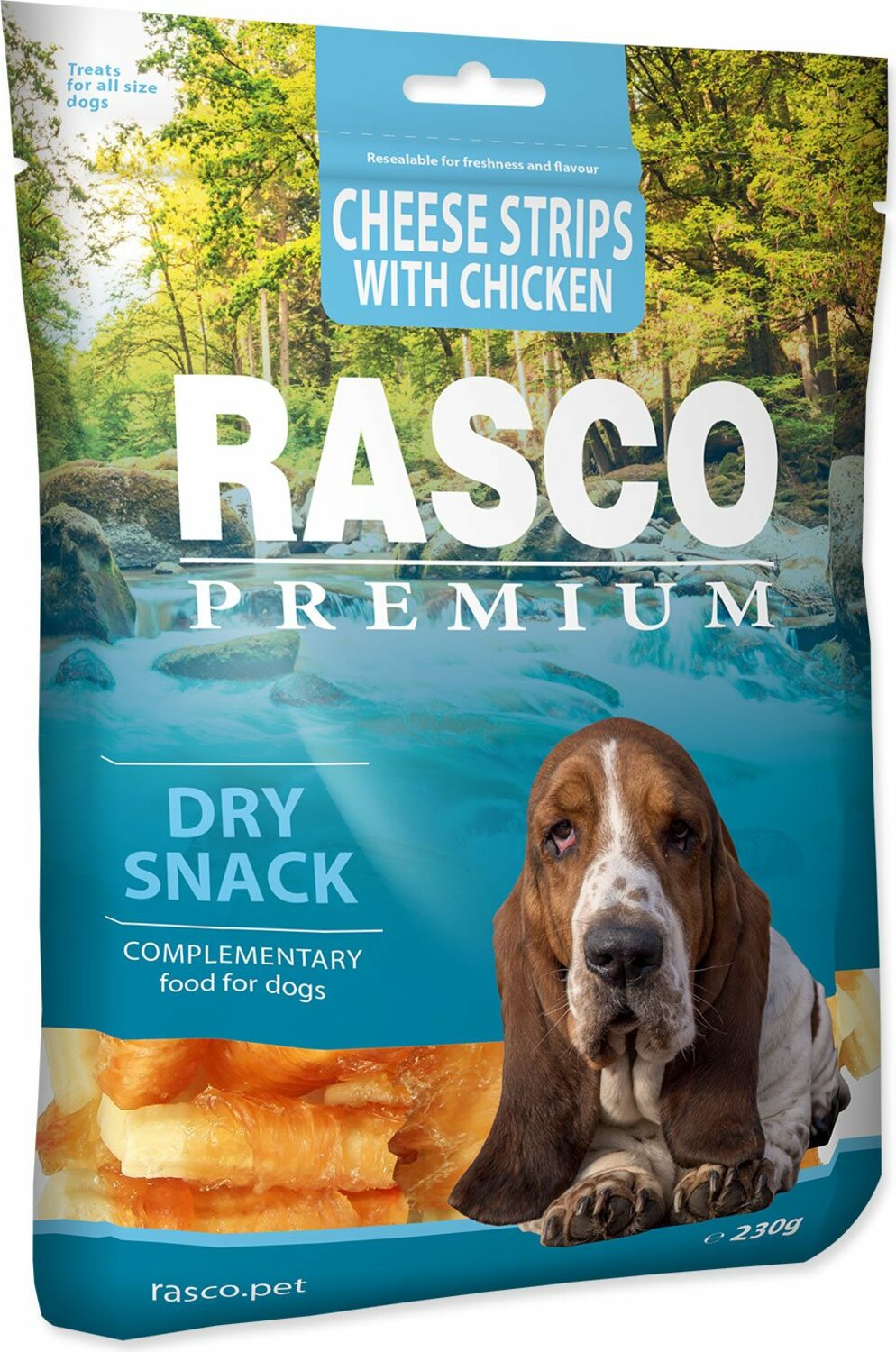 Pochoutka Rasco Premium kuřecím obalené sýrové proužky 230g