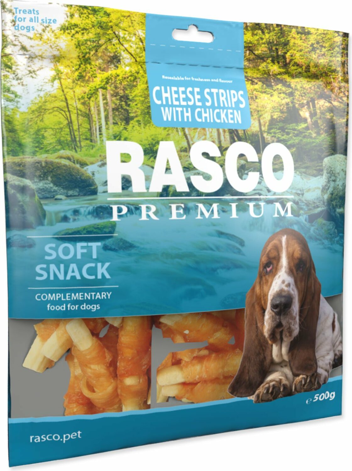 Pochoutka Rasco Premium kuřecím obalené sýrové proužky 500g