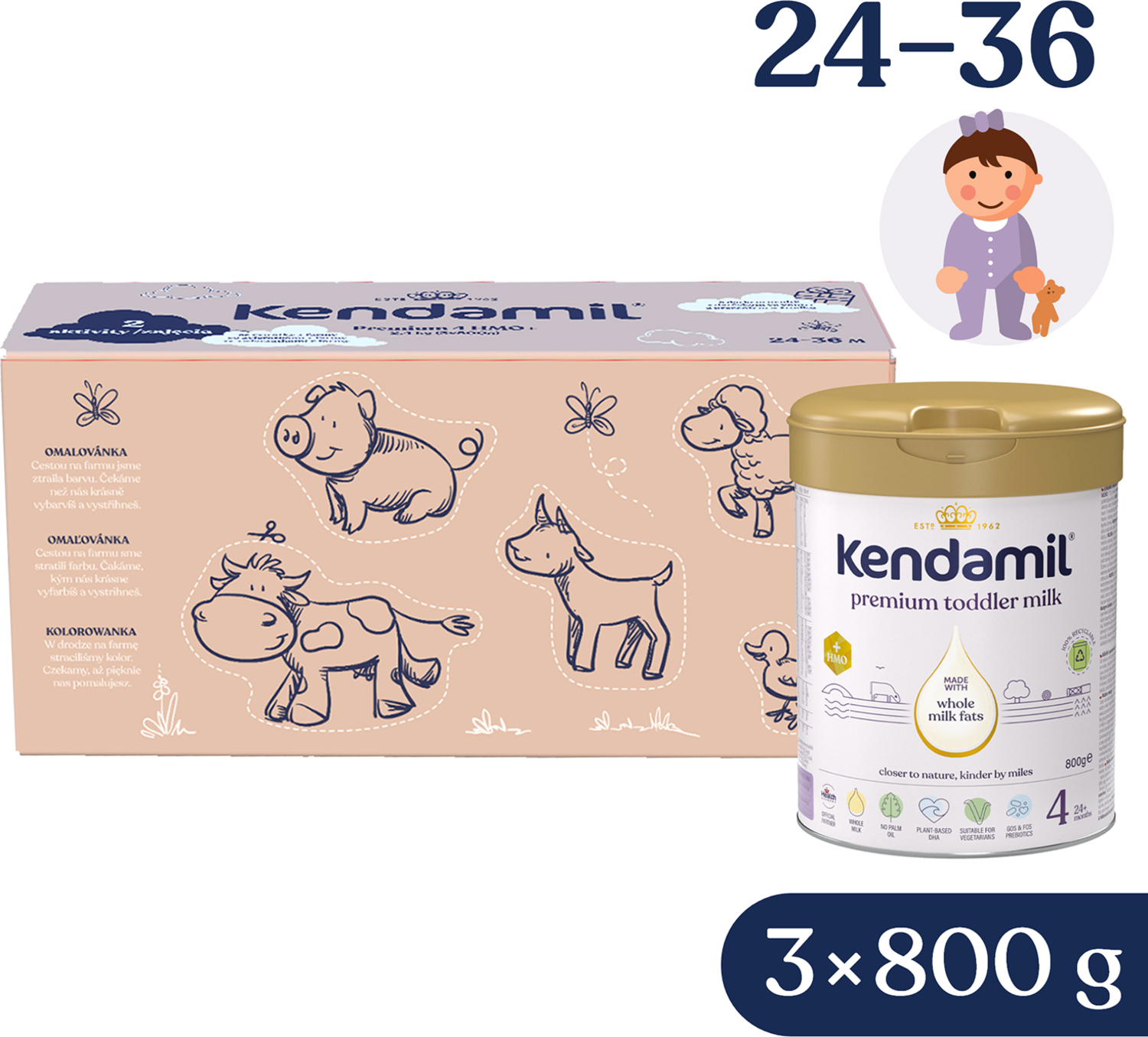 Kendamil Premium 4 HMO+, 2,4 kg (3× 800 g), kreativní balení s dárkem