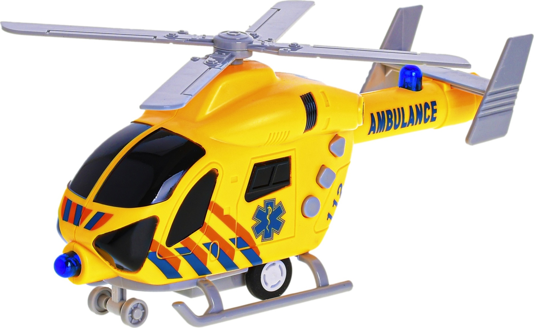 Helikoptéra ambulance 20cm na setrvačník na baterie se světlem a zvukem v krabičce