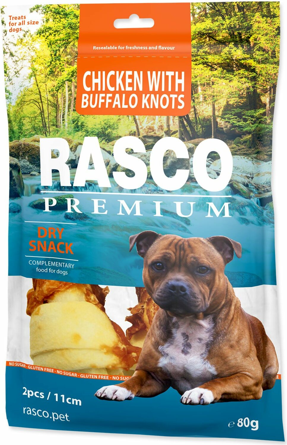 Pochoutka Rasco Premium buvolí kůže obalená kuřecím masem, uzly 11cm 80g