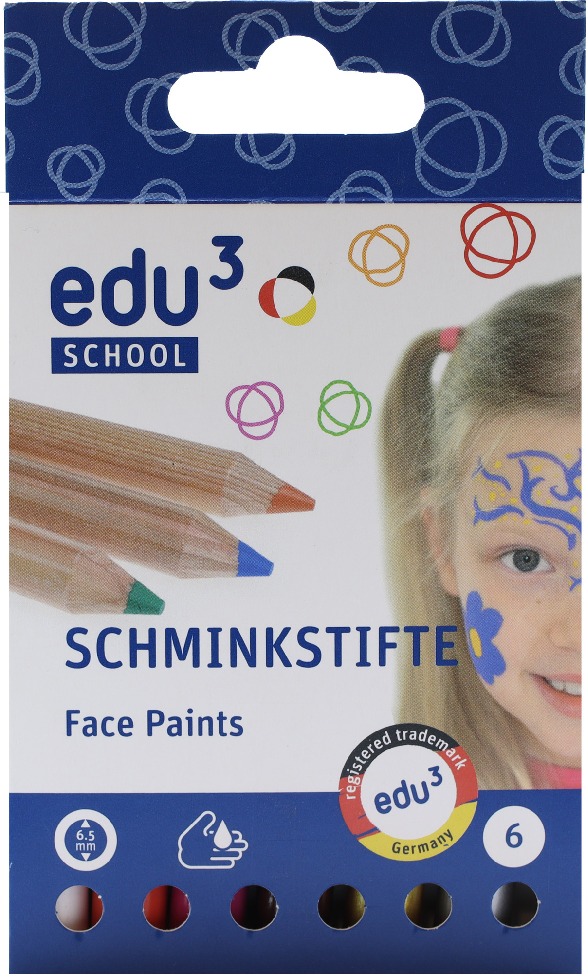 EDU3 Obličejové barvy v dřevěné tužce, 6 doplňkových barev, v papírové krabičce