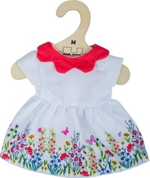 Bigjigs Toys Bílé květinové šaty s červeným límcem pro panenku 34 cm
