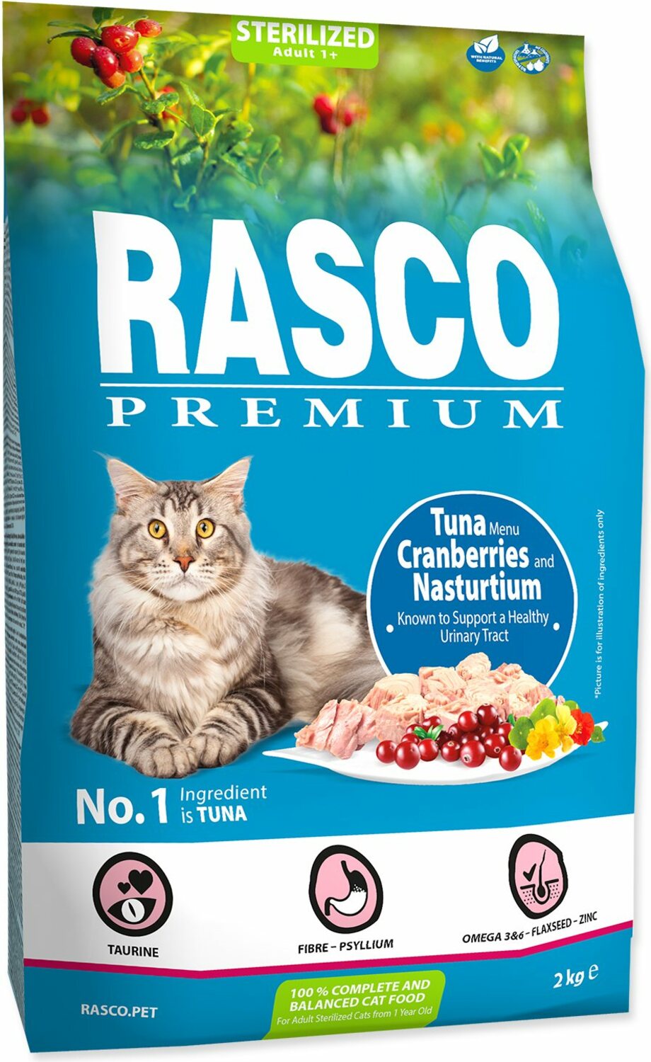 Krmivo Rasco Premium Sterilized tuňák s brusinkou a kapucí 2kg