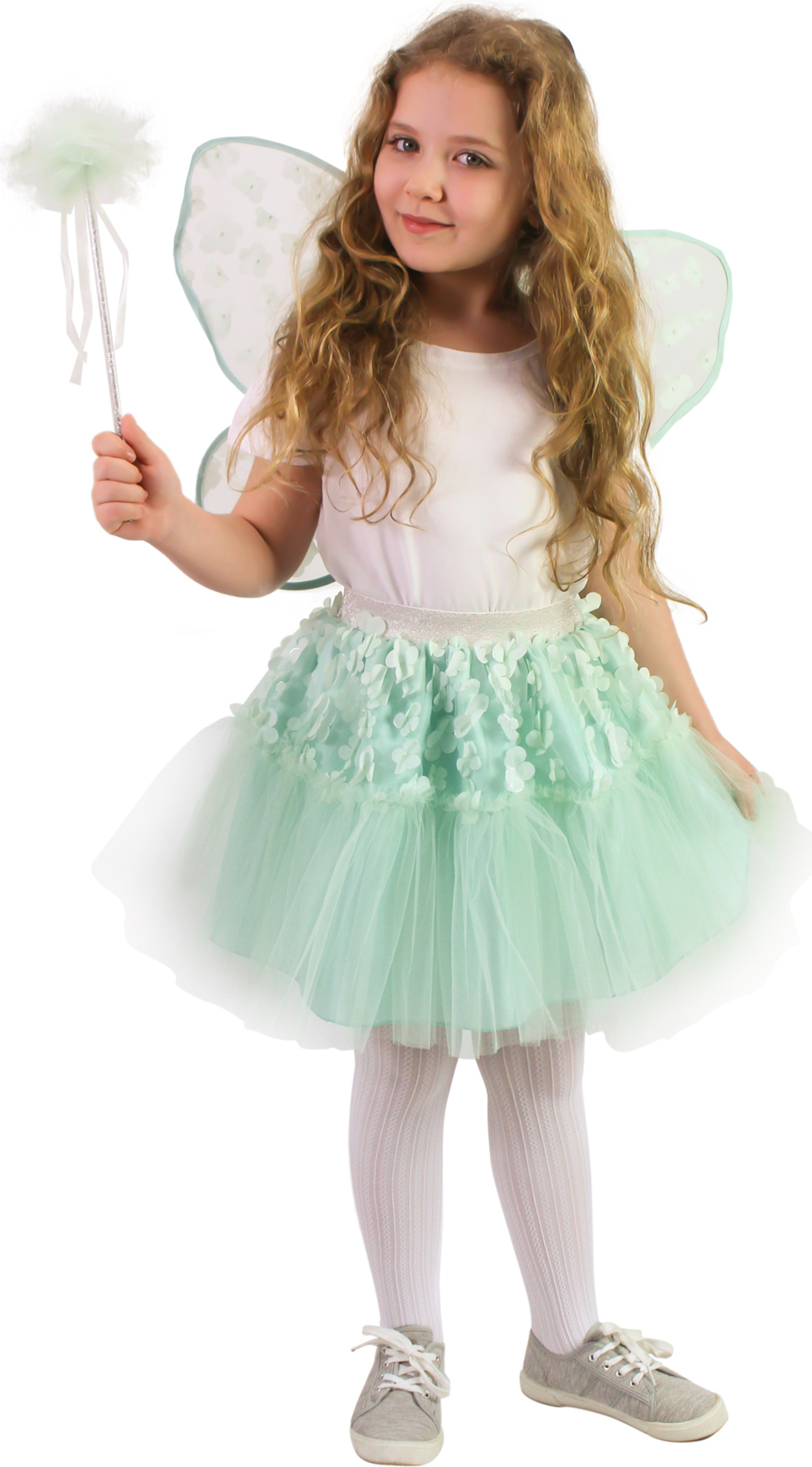 Dětský kostým tutu sukně zelená květinová víla s hůlkou a křídly e-obal
