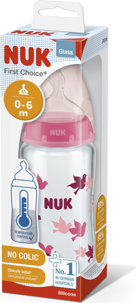 NUK FC+ Láhev skleněná s kontrolou teploty 240 ml - růžová