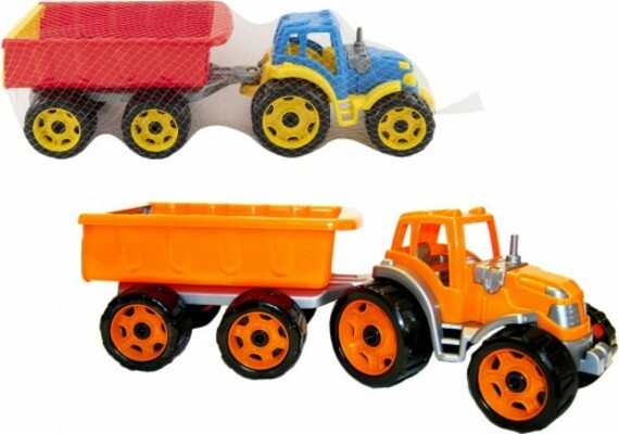 Traktor s vlečkou plast 53cm pro volný chod 2 barvy v síťce