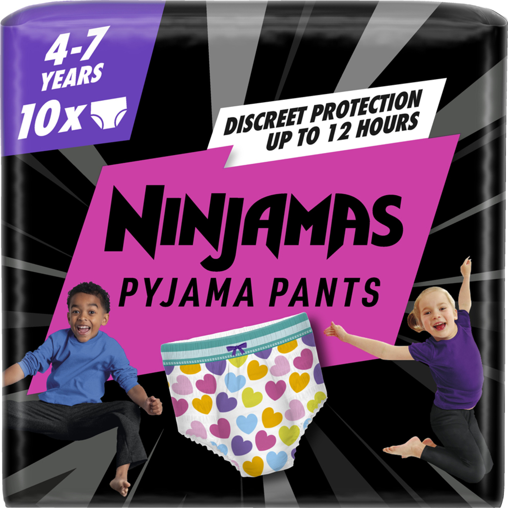 PAMPERS Kalhotky plenkové Ninjamas Pyjama Pants Srdíčka, 10 ks, 7 let, 17kg-30kg