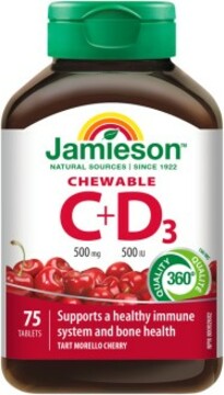 Jamieson Vitamíny C a D3 500mg / 500 IU tablety na cucání s příchutí třešně 75 tablet