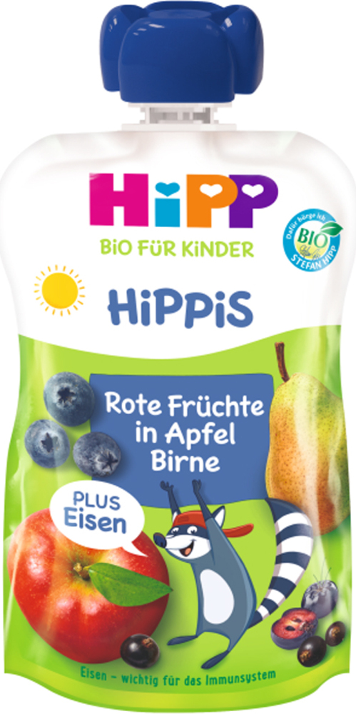 HiPP BIO HiPPiS Jablko-Hruška-Červené ovoce + železo 100 g, od 1 roku