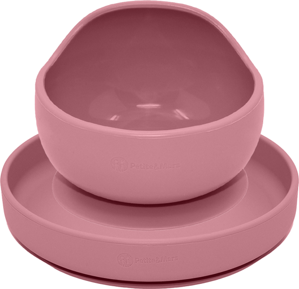 PETITE&MARS Set jídelní silikonový TAKE&MATCH 2 ks talíř + miska Dusty Pink 6m+