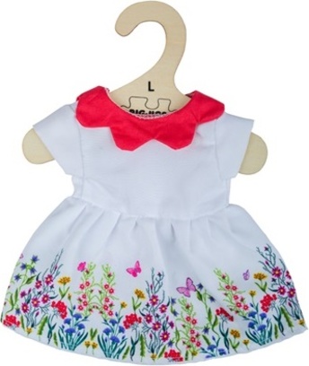 Bigjigs Toys Bílé květinové šaty s červeným límcem pro panenku 38 cm
