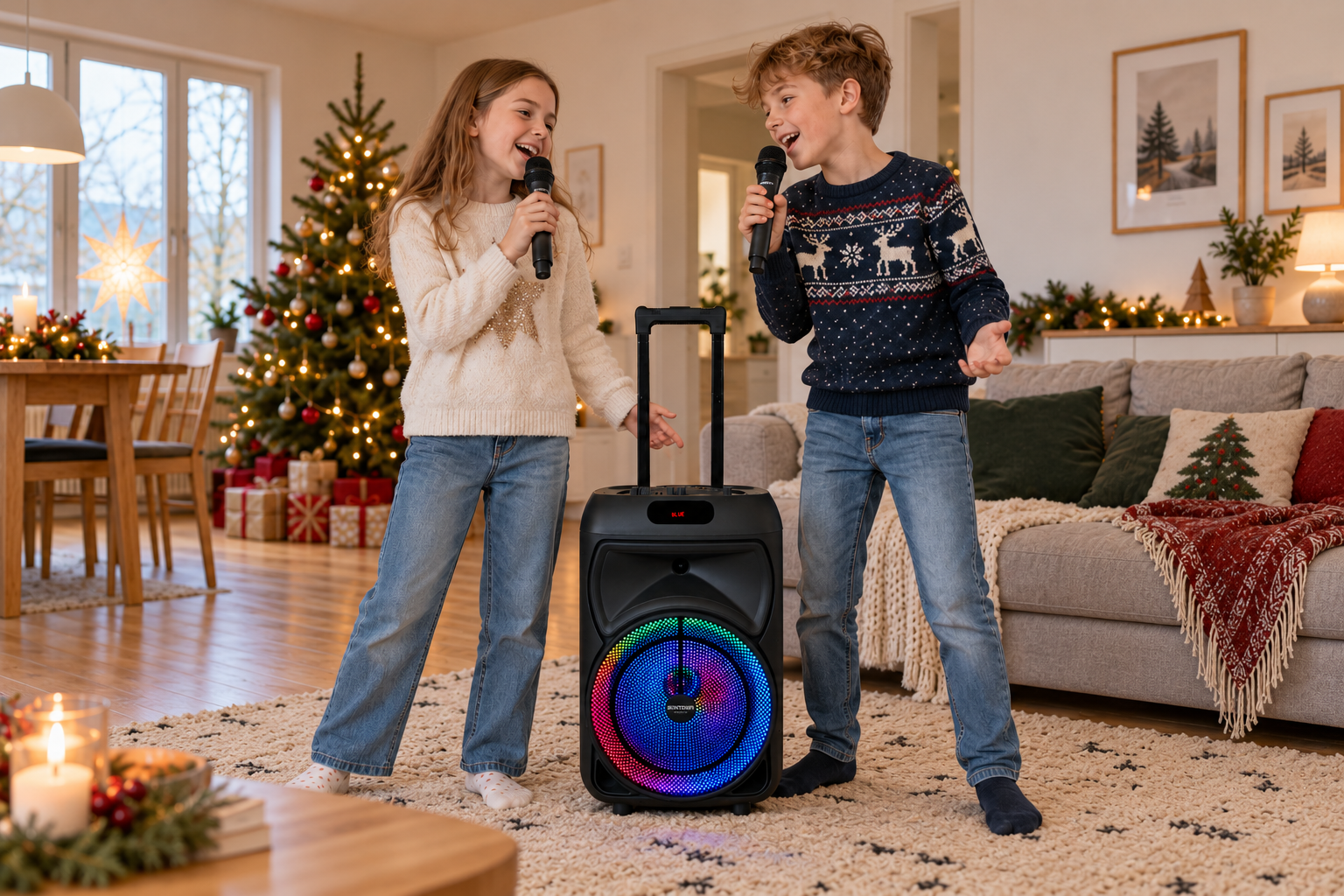 Két gyermek énekel a Bontempi karaoke bőrönd vezeték nélküli mikrofonjaiba, miközben a színesen világító hangszóró mellett állnak.