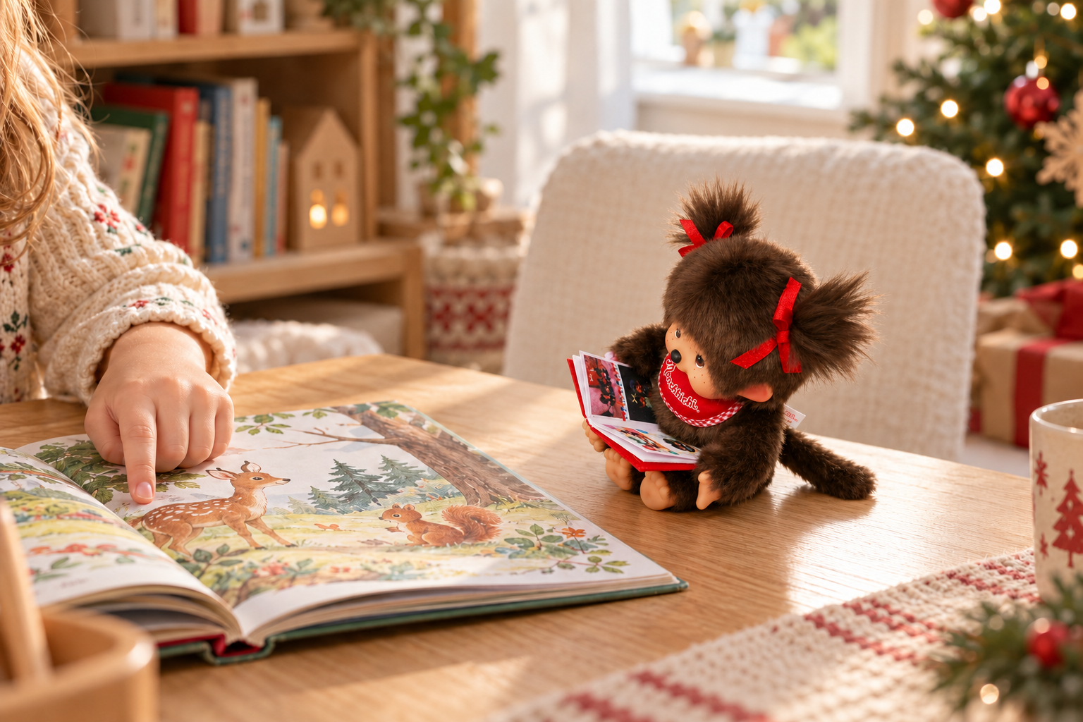 Dijete pokazuje na sliku u knjizi pored sjedeće Monchhichi čitateljice s vlastitom knjigom.