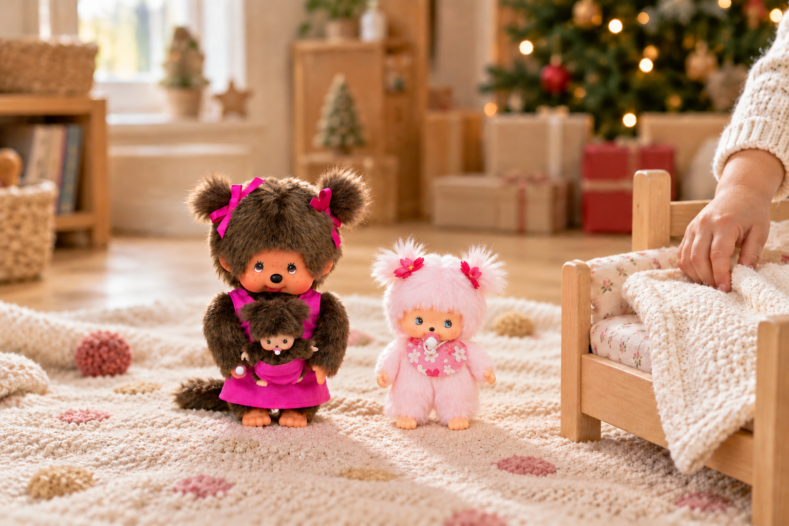 Monchhichi mama s bebom u nosiljci i ružičasti Bebiči Sakura pored krevetića za lutke.