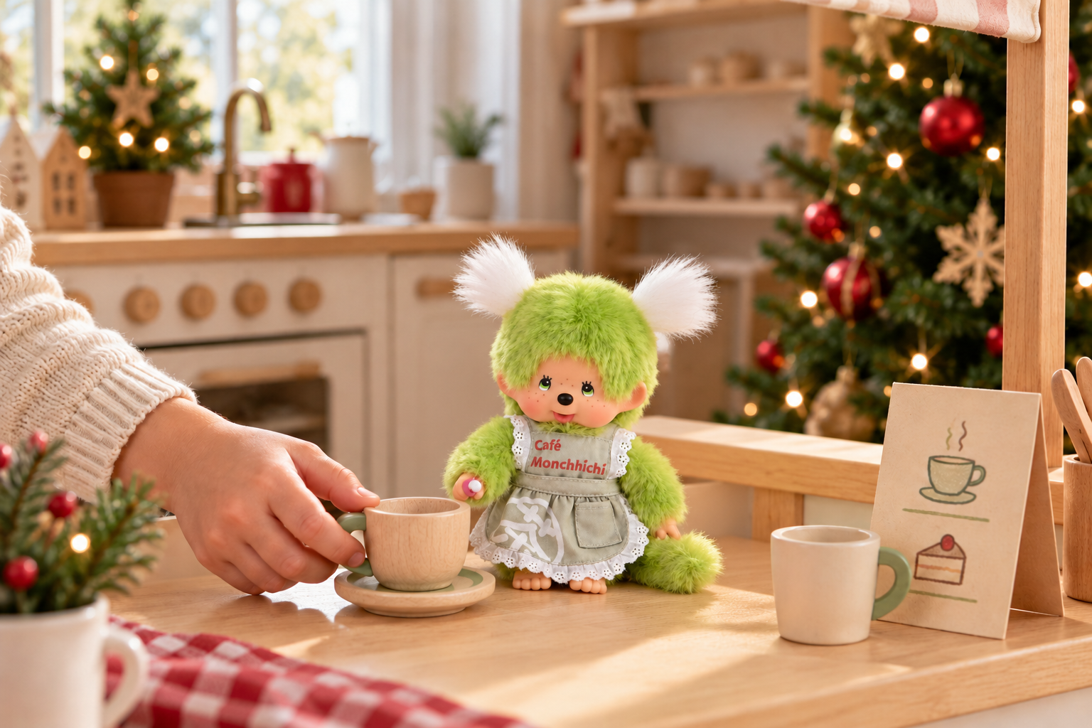 Zelena Matcha baristica Monchhichi s šalicama u dječjem kafiću.
