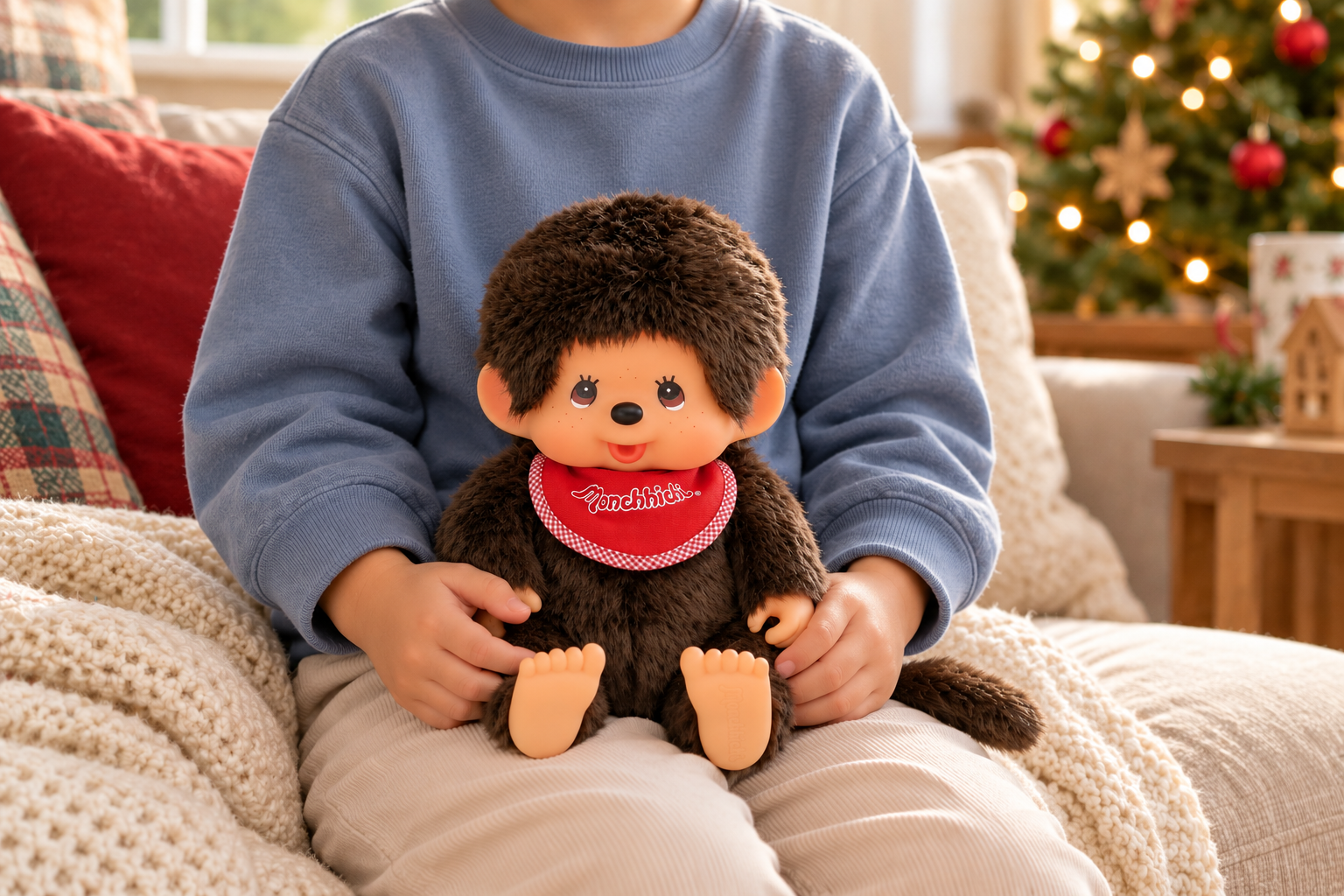 Monchhichi Supersoft s crvenim bibom u naručju djeteta.