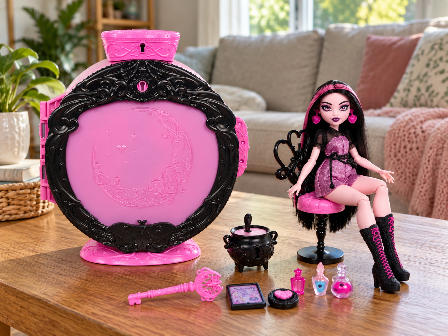 Draculaura con il set rosa e nero Potion Reveal, chiave e pentolone sul tavolo.