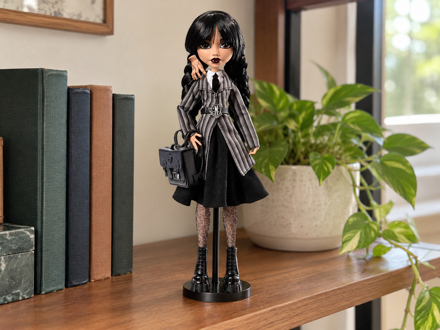 Wednesday Addams in uniforme di Nevermore su un supporto accanto a libri su uno scaffale.