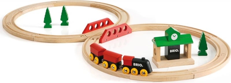 Kinder Spielzeug Set Holzeisenbahn Lok Bahnhof Schienen Bäume Brücke 100 Teile 