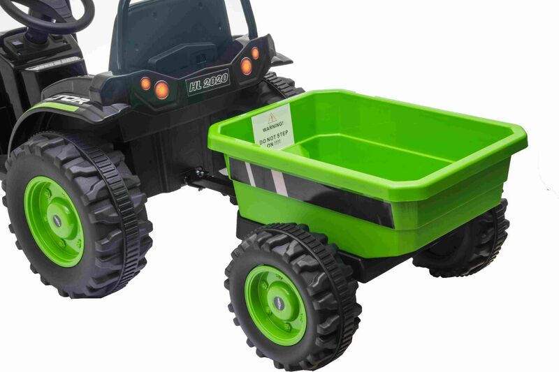 Elektrischer POWER-Traktor mit Abstellgleis, grün, Hinterradantrieb, 12-V- Batterie - Geländewagen