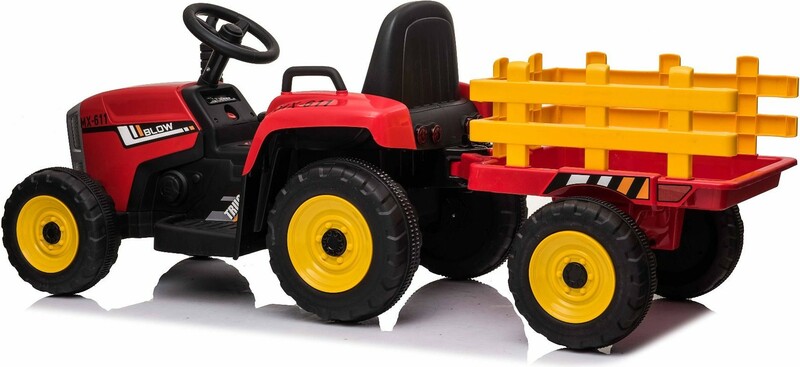 Elektrischer Traktor WORKERS mit Anhänger, Rot, Hinterradantrieb,  12-V-Batterie, Rädern, breitem Sitz, 2,4-GHz-Fernbedienung, MP3-Player mit  Bluetooth und SD-Eingang, LED-Leuchten