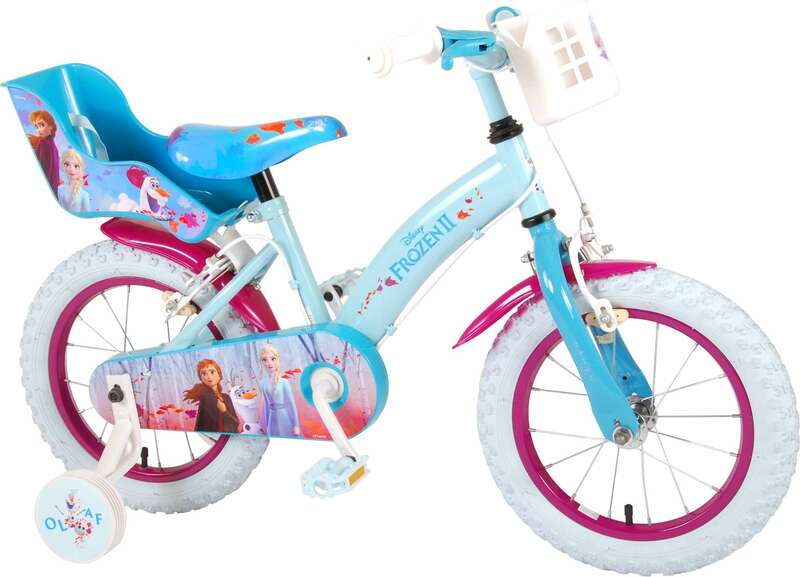 da bambina dotata di 2 freni Bicicletta da 14 Frozen 2 colore: Azzurro cielo bianco e fucsia Disney 2 stabilizzatori rimovibili Frozen II cestino anteriore e porta bambolina posteriore 