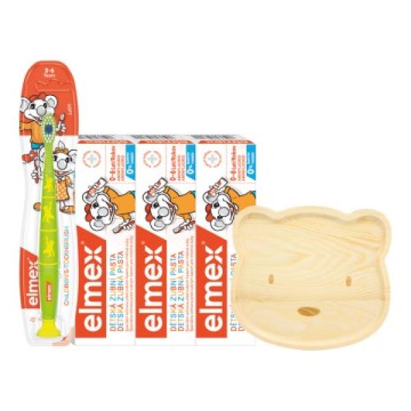 Elmex Dětský balíček – 3x zubní pasta 50ml, zubní kartáček 3-6 let + dřevěný talířek