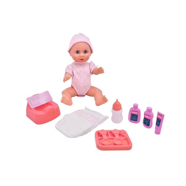Dolls World - Miminko Olivia 38 cm pije a čůrá se zavíracíma očima a příslušenstvím