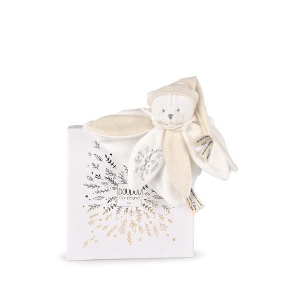 Doudou Dárková sada Plyšový muchláček medvídek s čepičkou 25 cm béžový