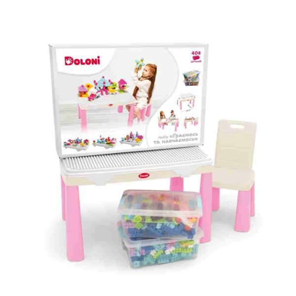 Doloni Dětský stůl a židle s hrací podložkou + 2 stavebnice - růžová