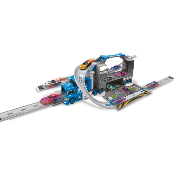 Policajný kamión so 4 autami a dopravnými značkami