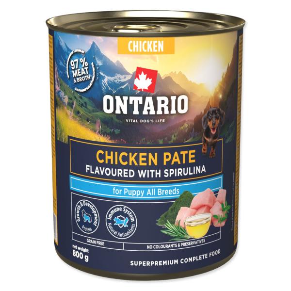Konzerva Ontario Puppy kuřecí paté s příchutí spiruliny 800g