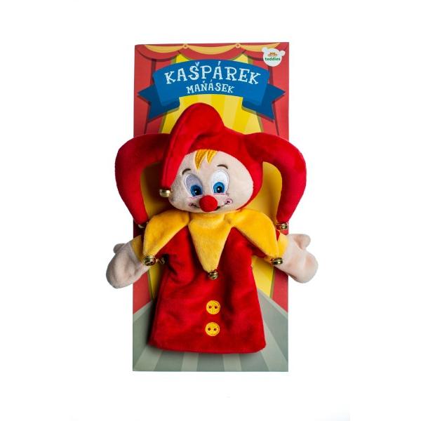 Kašpárek maňásek na ruku plyšový 28cm s rolničkami na kartě (obrázek 3)