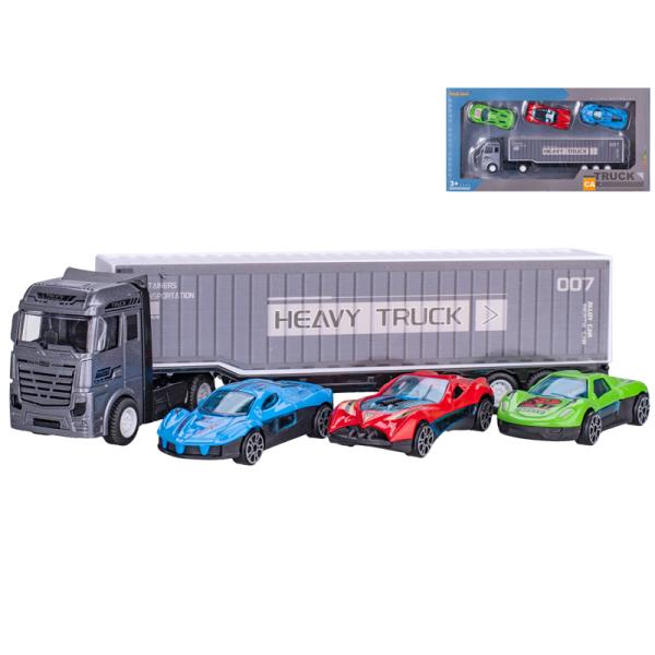 Auto nákladní 22cm kov volný chod s auty 3ks 7cm kov volný chod