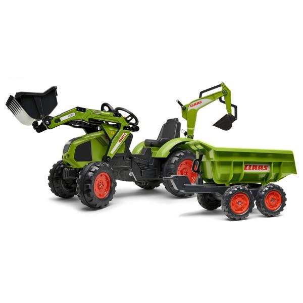 AKCE - FALK Šlapací traktor 1010W Claas Axos s nakladačem, rypadlem a vlečkou