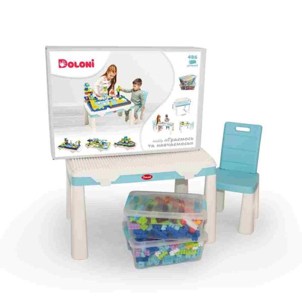 Doloni Dětský stůl a židle s hrací podložkou + 2 stavebnice - tyrkysová