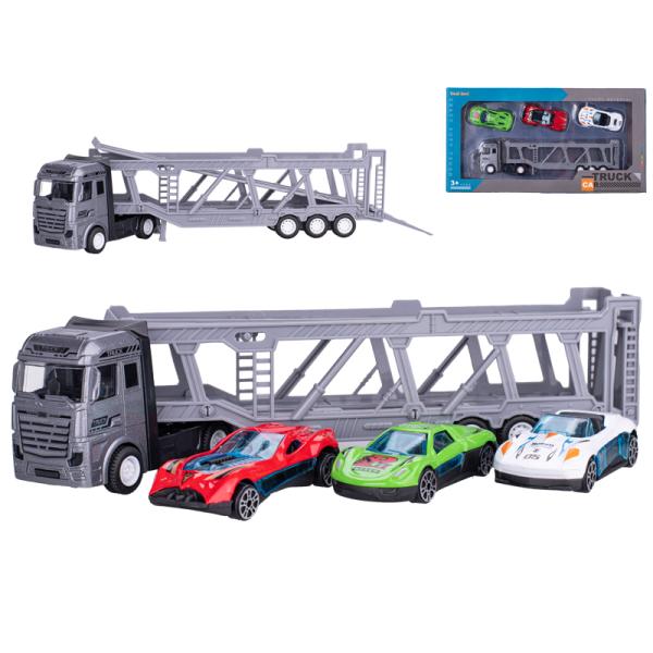 Přepravník aut 22cm kov volný chod s auty 3ks 7cm kov volný chod
