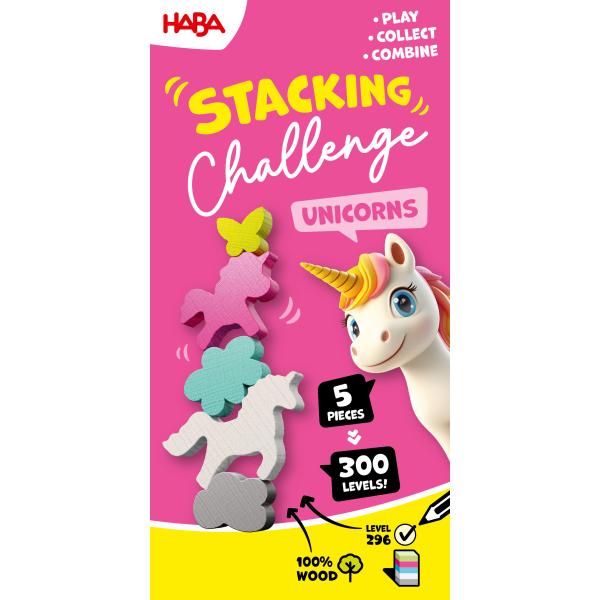 Haba Dynamická zábavná hra Stacking Challenge Jednorožci 5 figúrok 300 zadaní