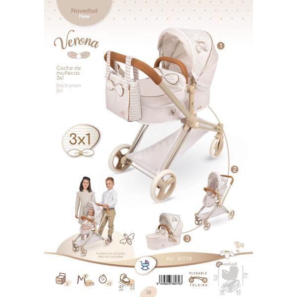 DeCuevas 81778 Skládací kočárek pro panenky 3 v 1 s taškou Verona 2025 – 73 cm