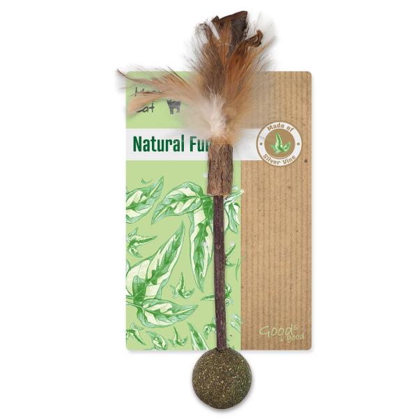 Hračka Magic Cat Natural Fun dřívko s přírodními pírky a koulemi 18cm