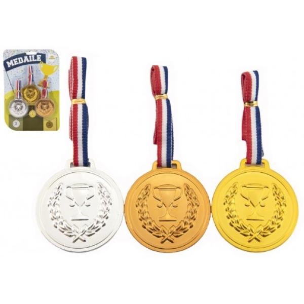 Medaile se šňůrkou 3ks plast průměr 6cm na kartě