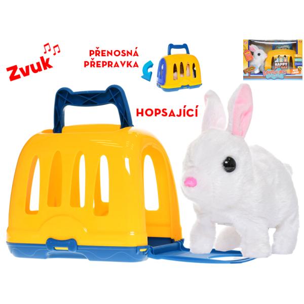 Plyšový zajíček 17 cm na baterie se zvukem skákající s přepravkou
