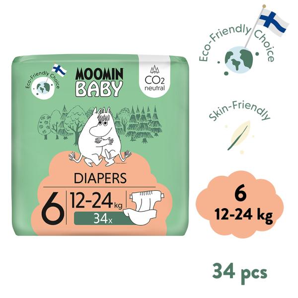 Muumi Baby Pannolini Ecologici Taglia 6, 12-24 Kg, 34 Pannolini Premium Con Barriera Anti-Perdite | Morbidi E Delicati Sulla Pelle, Traspiranti, Assorbenti, Senza Sostanze Chimiche Inutili |-image