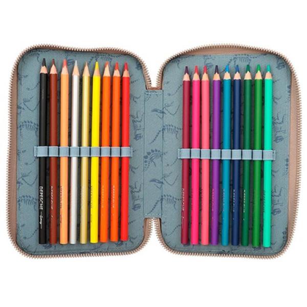 Penál s výbavou Dino World, Hnědý T-Rex, třípatrový, se světelným efektem